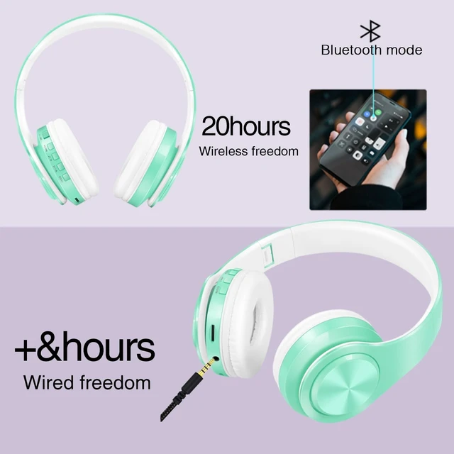 Alt view image 5 of 7 - V5.3 Bluetooth Headphones Over-Ear Wireless Stereo Headset, Green Foldable,Micro SD/TF,FM for Cell Phone,PC,Soft Earmuffs & Light Weight for Prolonged Wearing