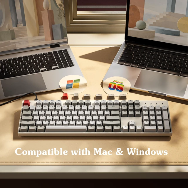 Alt view image 3 of 7 - C2 Full Size Wired Mechanical Keyboard, Hot-Swappable, Retro ABS Keycaps with Red Switch, USB-C Connection, Ergonomic Support, Non-Backlit Design, Compatible with Mac Windows