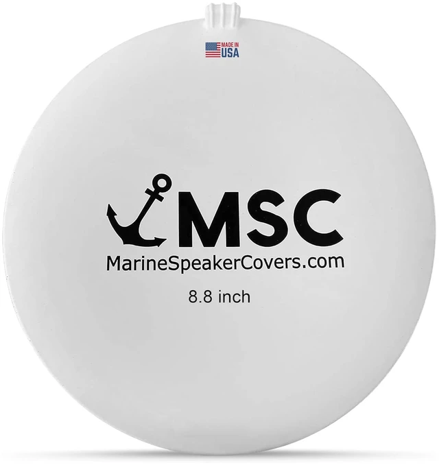 Main image of 8.8" Cover Boat Speaker Protector with Sun, Water, Dust, UV Protection, Military-Grade Silicone Design, White Case with Black Logo, Sold as Pair (223mm)