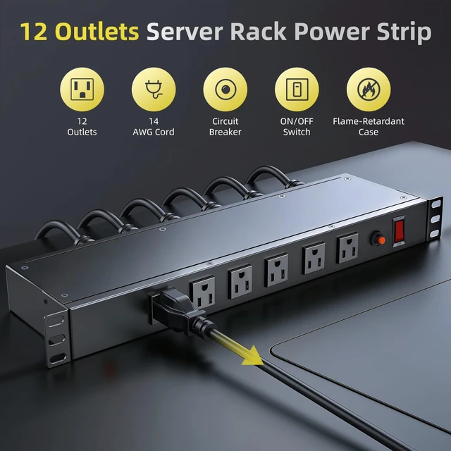 Alt view image 2 of 7 - 12-Outlet 1U Rack Mount Power Strip PDU for Server Racks 1u Rackmount Saves Cabinet Space; Front And Rear Outlets Ease Cabling;Wide-Spacing Sockets,10ft Cord, Server/Network/AV Racks