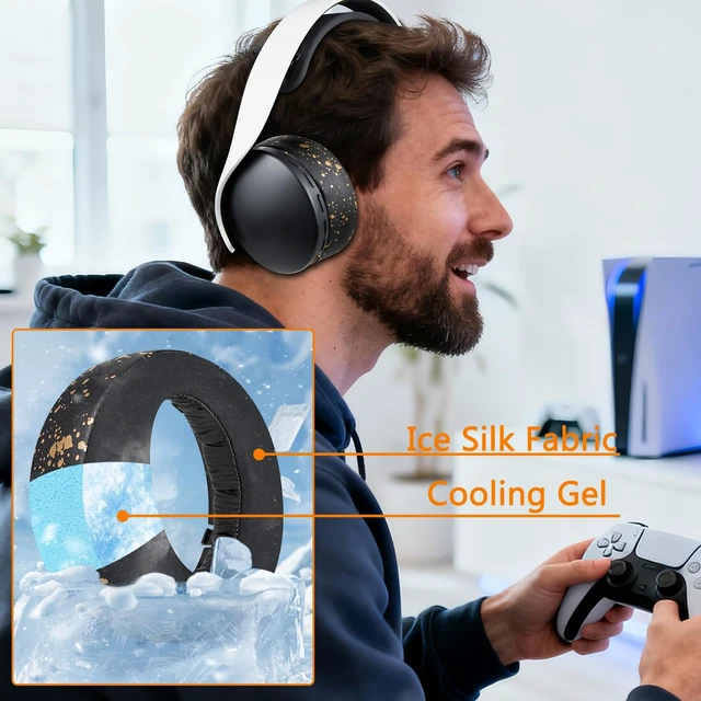 Alt view image 5 of 7 - Earpads for Sony PS5 Pulse 3D Wireless Headset, Cooling Gel Replacement Ear Pad Cushions with Noise Isolation Foam - Black Gold