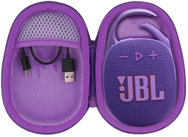 Main image of Hard Carrying Case for JBL Clip 5 Portable Mini Speaker, Purple 1:1 Molded Interior, Soft Anti-Static Velvet Lining, Cable Storage, Secure Fit, Carabiner, High-Density EVA Shell