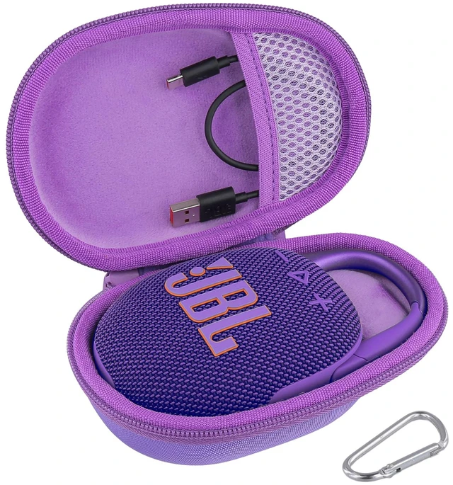 Alt view image 2 of 7 - Hard Carrying Case for JBL Clip 5 Portable Mini Speaker, Purple 1:1 Molded Interior, Soft Anti-Static Velvet Lining, Cable Storage, Secure Fit, Carabiner, High-Density EVA Shell