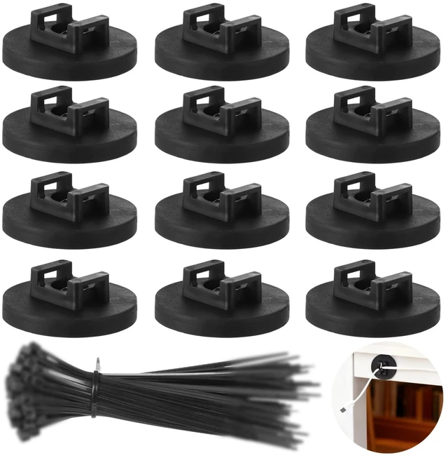 Main image of 12 Pcs Magnetic Cable Tie Mounts with 100 Cable Ties, 43mm, Black 43mm magnetic cable tie mounts with 100 ties for desk, PC, garage, workshop and home office wire sorting