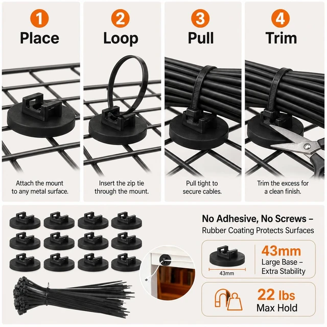 Alt view image 4 of 7 - 12 Pcs Magnetic Cable Tie Mounts with 100 Cable Ties, 43mm, Black 43mm magnetic cable tie mounts with 100 ties for desk, PC, garage, workshop and home office wire sorting