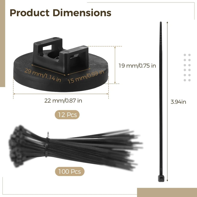 Alt view image 3 of 7 - 12 Pcs Magnetic Cable Tie Mounts with 100 Cable Ties, 43mm, Black 43mm magnetic cable tie mounts with 100 ties for desk, PC, garage, workshop and home office wire sorting