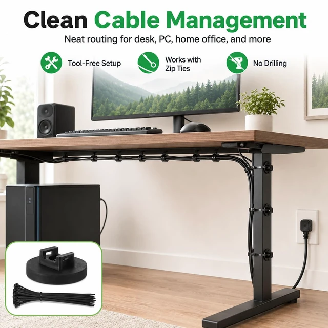 Alt view image 2 of 7 - 12 Pcs Magnetic Cable Tie Mounts with 100 Cable Ties, 43mm, Black 43mm magnetic cable tie mounts with 100 ties for desk, PC, garage, workshop and home office wire sorting
