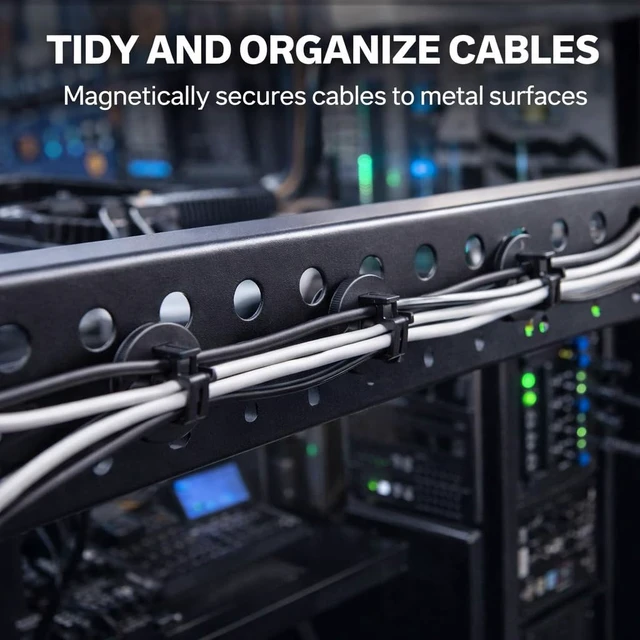 Alt view image 6 of 7 - 12 Pcs Magnetic Cable Tie Mounts with 100 Cable Ties, 43mm, Black 43mm magnetic cable tie mounts with 100 ties for desk, PC, garage, workshop and home office wire sorting