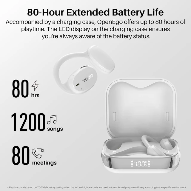 Alt view image 2 of 7 - OpenEgo Open Ear Earbuds 80H Bluetooth 5.3 Headphones Sport Earbuds Open Ear Structure with Earhooks, 32 EQ Modes, Digital LED Display,HD Clear Calls, Comfort Wear For Running Office Snow White