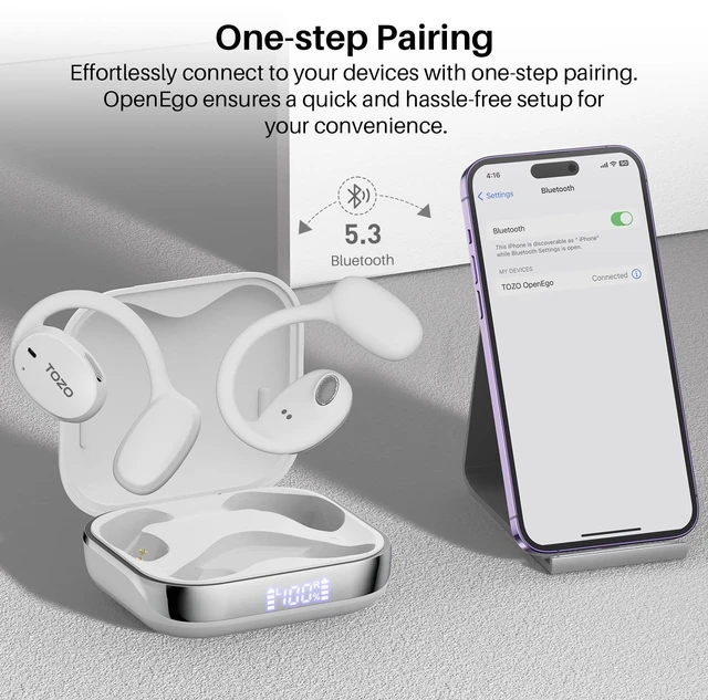 Alt view image 5 of 7 - OpenEgo Open Ear Earbuds 80H Bluetooth 5.3 Headphones Sport Earbuds Open Ear Structure with Earhooks, 32 EQ Modes, Digital LED Display,HD Clear Calls, Comfort Wear For Running Office Snow White