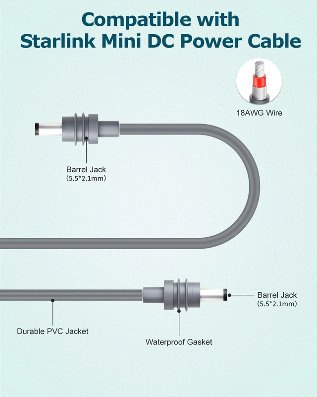 Alt view image 4 of 6 - Starlink Mini DC Power Cable 20FT Long Replacement Power Charging Cable | 5521 DC to DC Power Cord,6M/20FT Starlink Mini Accessories Waterproof Power Cable,18AWG Extension Cable