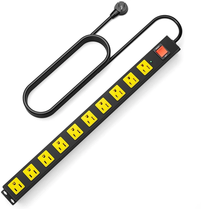 Main image of 10 Outlet Metal Power Strip with 2100J Surge Protector, Heavy Duty 10FT Extension Cord, Wide Spaced Outlets and Wall Mount for Garage, Workshop, Industrial, Home (10ft)