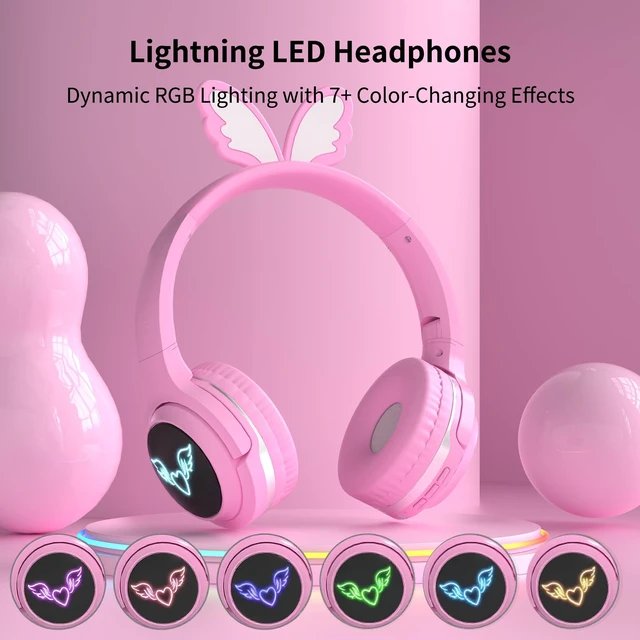 Alt view image 2 of 7 - Kids Headphones Wireless, 7-Color LED Lights, 85dB Safe Volume 40H Playtime Ultra-Soft Over-Ear with Mic, Bluetooth 5.4, Wireless/Wired/FM/TF for School Travel Boys Girls Toddlers Gift