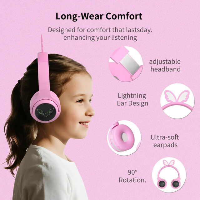 Alt view image 3 of 7 - Kids Headphones Wireless, 7-Color LED Lights, 85dB Safe Volume 40H Playtime Ultra-Soft Over-Ear with Mic, Bluetooth 5.4, Wireless/Wired/FM/TF for School Travel Boys Girls Toddlers Gift