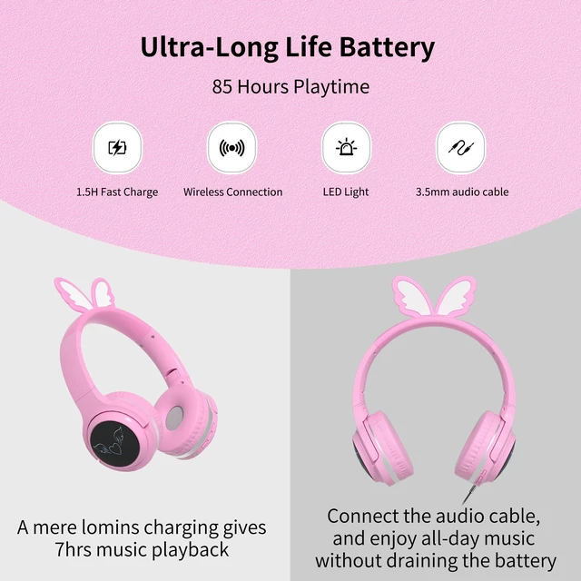 Alt view image 5 of 7 - Kids Headphones Wireless, 7-Color LED Lights, 85dB Safe Volume 40H Playtime Ultra-Soft Over-Ear with Mic, Bluetooth 5.4, Wireless/Wired/FM/TF for School Travel Boys Girls Toddlers Gift