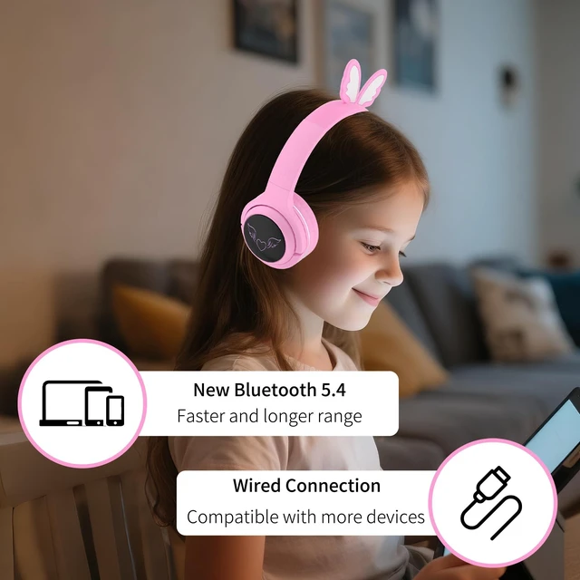 Alt view image 6 of 7 - Kids Headphones Wireless, 7-Color LED Lights, 85dB Safe Volume 40H Playtime Ultra-Soft Over-Ear with Mic, Bluetooth 5.4, Wireless/Wired/FM/TF for School Travel Boys Girls Toddlers Gift