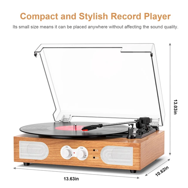 Alt view image 3 of 7 - Vinyl Record Player with Built-in Speakers 3-Speed Vintage Record Player Support Treble& Bass Control, 3.5mm Headphone Jack, RCA-Out/Aux in, Belt-Driven LP Turntable,Yellow Wood