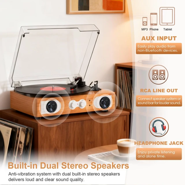Alt view image 4 of 7 - Vinyl Record Player with Built-in Speakers 3-Speed Vintage Record Player Support Treble& Bass Control, 3.5mm Headphone Jack, RCA-Out/Aux in, Belt-Driven LP Turntable,Yellow Wood