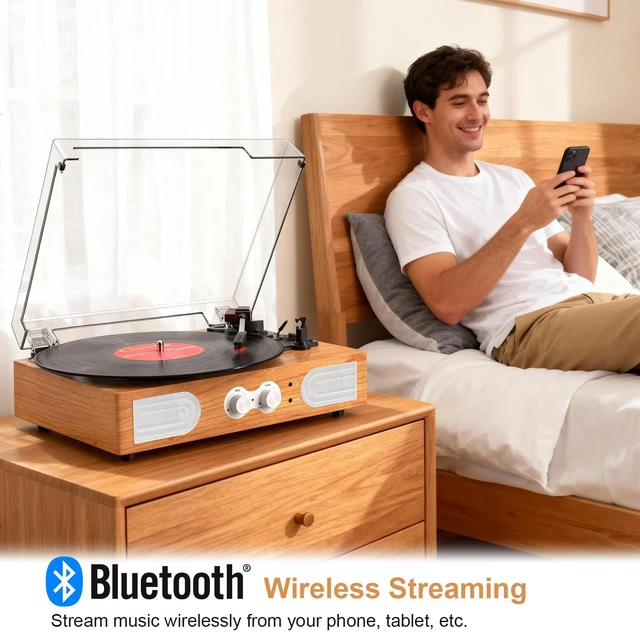 Alt view image 2 of 7 - Vinyl Record Player with Built-in Speakers 3-Speed Vintage Record Player Support Treble& Bass Control, 3.5mm Headphone Jack, RCA-Out/Aux in, Belt-Driven LP Turntable,Yellow Wood