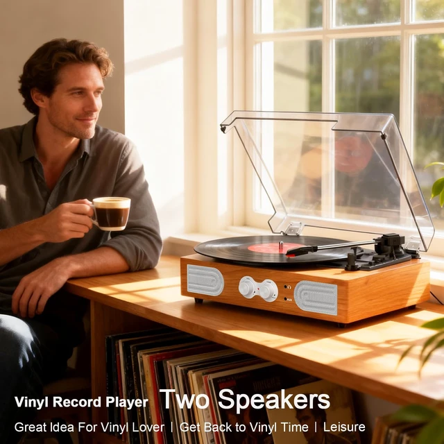 Alt view image 7 of 7 - Vinyl Record Player with Built-in Speakers 3-Speed Vintage Record Player Support Treble& Bass Control, 3.5mm Headphone Jack, RCA-Out/Aux in, Belt-Driven LP Turntable,Yellow Wood