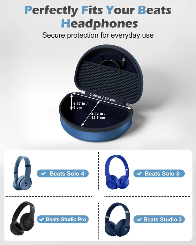 Alt view image 2 of 7 - Hard Case for Beats Solo 4/Solo 3 & Studio Pro/Studio 3 -Navy EVA Shockproof Hard Shell, Mesh Pocket for Cables, Portable Travel Storage Bag with Hand Strap, Lightweight Carrying Case