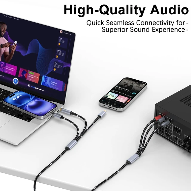Alt view image 2 of 6 - 3.5mm to RCA Cable, Lightning to RCA Male to Aux Audio Adapter HiFi Sound Headphone Jack Adapter,(3 in 1 Audio Cable) Connector for iPhone/iPad Speaker MP3 Tablet HDTV(4FT)