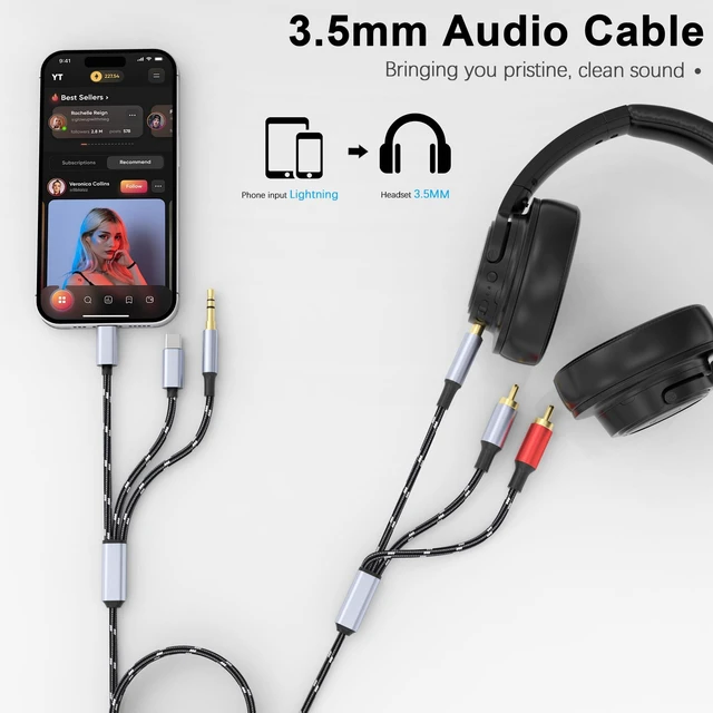 Alt view image 3 of 6 - 3.5mm to RCA Cable, Lightning to RCA Male to Aux Audio Adapter HiFi Sound Headphone Jack Adapter,(3 in 1 Audio Cable) Connector for iPhone/iPad Speaker MP3 Tablet HDTV(4FT)