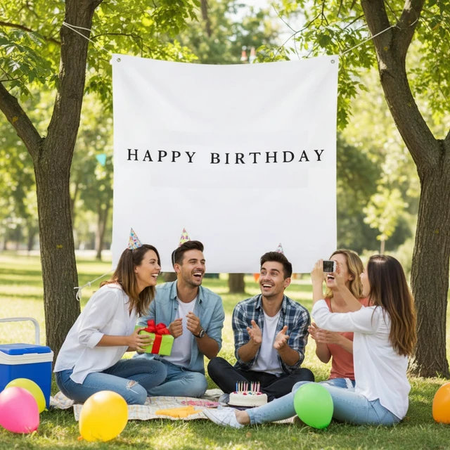 Alt view image 3 of 6 - 59x59 Inch Happy Birthday Banner Burlap Happy Birthday Backdrop Fabric Birthday-Party Decorations, Boho Rustic Photo Props Sign with Hanging String for Indoor Outdoor Yard Wall Decor