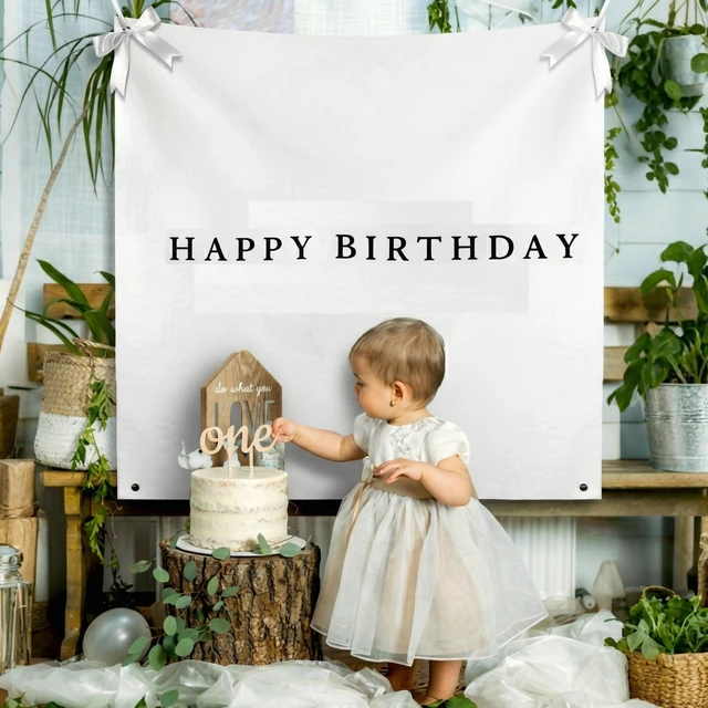 Alt view image 4 of 6 - 59x59 Inch Happy Birthday Banner Burlap Happy Birthday Backdrop Fabric Birthday-Party Decorations, Boho Rustic Photo Props Sign with Hanging String for Indoor Outdoor Yard Wall Decor