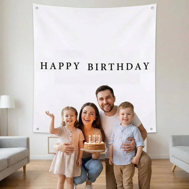 Alt view image 5 of 6 - 59x59 Inch Happy Birthday Banner Burlap Happy Birthday Backdrop Fabric Birthday-Party Decorations, Boho Rustic Photo Props Sign with Hanging String for Indoor Outdoor Yard Wall Decor