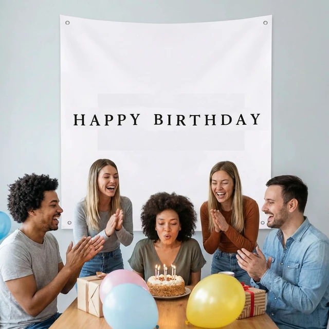 Alt view image 6 of 6 - 59x59 Inch Happy Birthday Banner Burlap Happy Birthday Backdrop Fabric Birthday-Party Decorations, Boho Rustic Photo Props Sign with Hanging String for Indoor Outdoor Yard Wall Decor