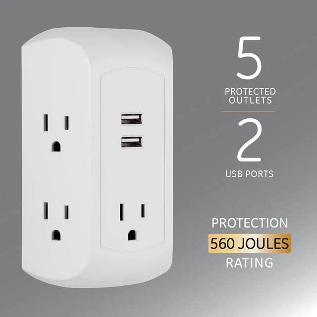 Alt view image 3 of 5 - 5-Outlet 2-USB Sur Protector Outlet Adapter, 560 Joules Fast Charging Station, 12W USB-A Ports, Side Access, Compatible with Apple iPhone, iPad, Samsung, Google Pixel, White, 58297