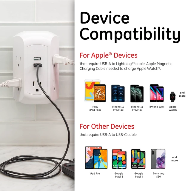 Alt view image 4 of 5 - 5-Outlet 2-USB Sur Protector Outlet Adapter, 560 Joules Fast Charging Station, 12W USB-A Ports, Side Access, Compatible with Apple iPhone, iPad, Samsung, Google Pixel, White, 58297