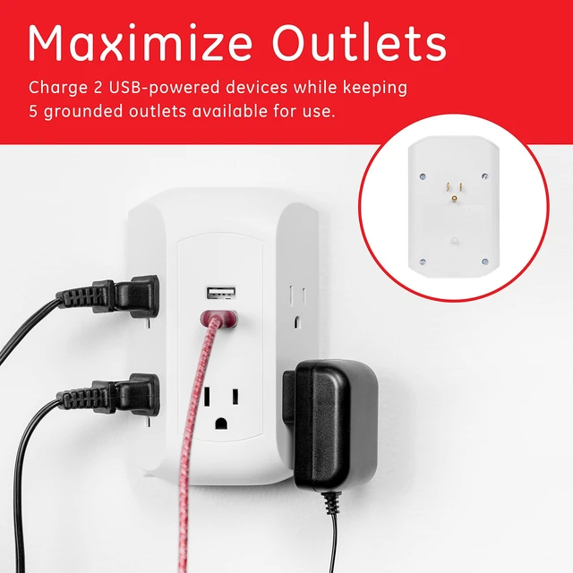 Alt view image 5 of 5 - 5-Outlet 2-USB Sur Protector Outlet Adapter, 560 Joules Fast Charging Station, 12W USB-A Ports, Side Access, Compatible with Apple iPhone, iPad, Samsung, Google Pixel, White, 58297