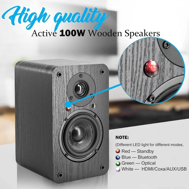 Alt view image 6 of 7 - Powered Bookshelf Speakers, 100W Near Field Studio Monitor with eARC Real Wooden Enclosure, DSP Enhanced Audio,1.5" Silk Tweeter, 4 Carbon Fiber Woofer,Bluetooth/Optical/Coaxial/AUX