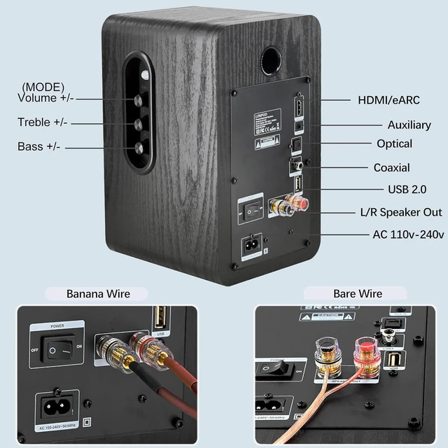 Alt view image 7 of 7 - Powered Bookshelf Speakers, 100W Near Field Studio Monitor with eARC Real Wooden Enclosure, DSP Enhanced Audio,1.5" Silk Tweeter, 4 Carbon Fiber Woofer,Bluetooth/Optical/Coaxial/AUX