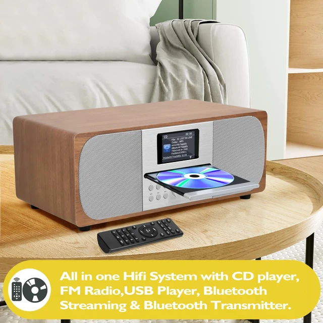 Alt view image 2 of 7 - MSY6 CD Player, FM, Bluetooth, Powerful Stereo HiFi, Walnut 2.4in colour display, 40 presets, remote control, acoustic wooden cabinet, headphone jack, EQ modes, dual alarms clock