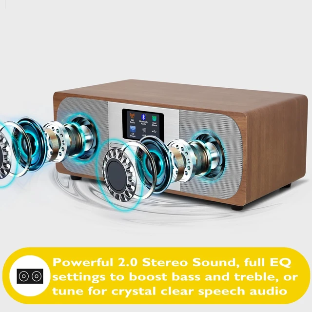Alt view image 4 of 7 - MSY6 CD Player, FM, Bluetooth, Powerful Stereo HiFi, Walnut 2.4in colour display, 40 presets, remote control, acoustic wooden cabinet, headphone jack, EQ modes, dual alarms clock