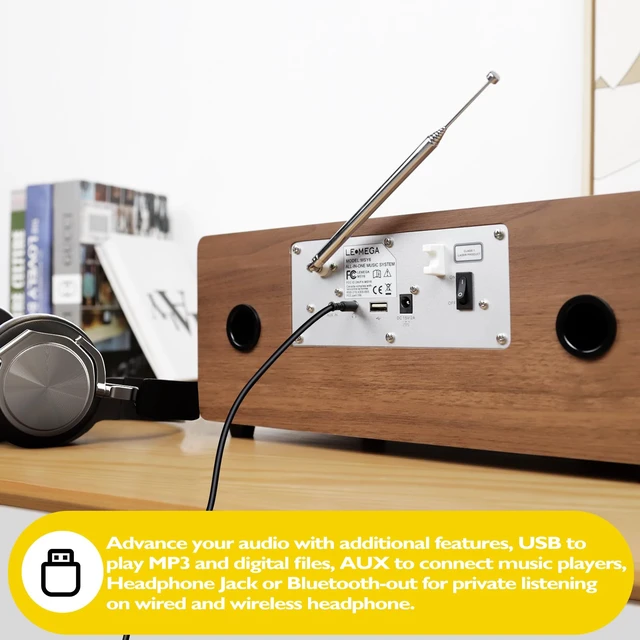 Alt view image 5 of 7 - MSY6 CD Player, FM, Bluetooth, Powerful Stereo HiFi, Walnut 2.4in colour display, 40 presets, remote control, acoustic wooden cabinet, headphone jack, EQ modes, dual alarms clock