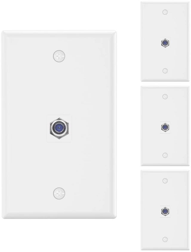 Main image of Coax Wall Plate UL Listed, 3GHz Coaxial Cable Outlet, White 4-Pack UL Listed for Safety, 3GHz Coaxial Cable Support, Nickel-Plated F-Type Jack