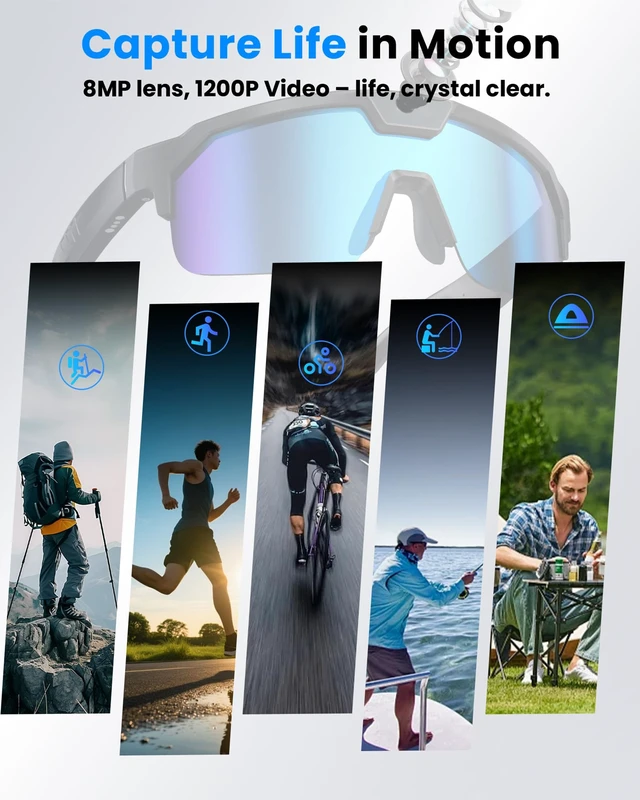 Alt view image 3 of 7 - AI Smart Glasses with Camera, Sports Bluetooth Glasses for Men Women 1200P EIS Video,8MP Camera,Image Recognition,Voice Help,139+ Language Translation,Open-Ear Audio,IP65 Splash Resistance