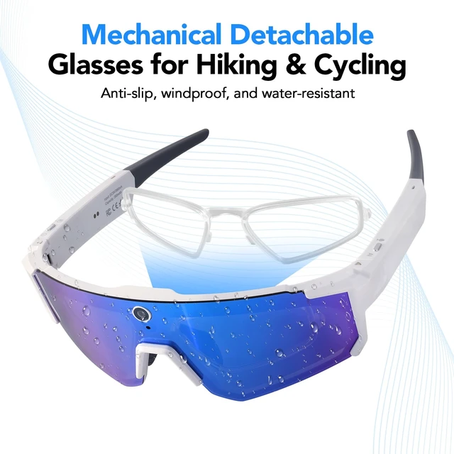 Alt view image 3 of 7 - Sporty AI Bluetooth Smart Glasses with Camera for Cycling & Hiking Unisex, IP54 Waterproof, Detachable Inner Lense, 1200P EIS Pro-Stabilized Recording, Dual-Mic ENC Noise-Reduction, White