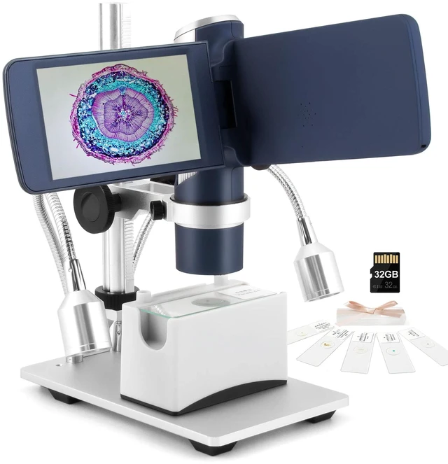 Main image of AD203S HDMI Digital Microscope with Metal Stand 4.3 Inch Screen, FHD Video, HDMI Output, Supports Windows Mac PC, USB Coin Microscope, 32GB SD Card, Slides Kit