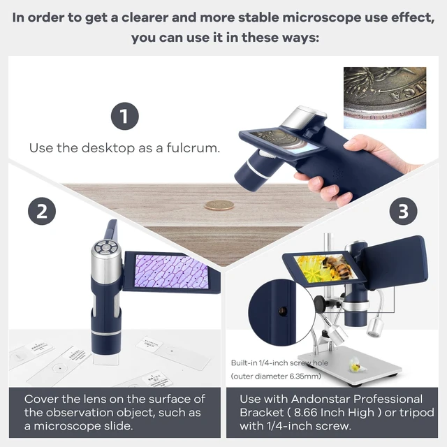 Alt view image 2 of 7 - AD203S HDMI Digital Microscope with Metal Stand 4.3 Inch Screen, FHD Video, HDMI Output, Supports Windows Mac PC, USB Coin Microscope, 32GB SD Card, Slides Kit