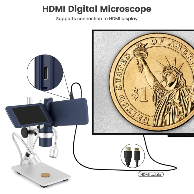Alt view image 4 of 7 - AD203S HDMI Digital Microscope with Metal Stand 4.3 Inch Screen, FHD Video, HDMI Output, Supports Windows Mac PC, USB Coin Microscope, 32GB SD Card, Slides Kit