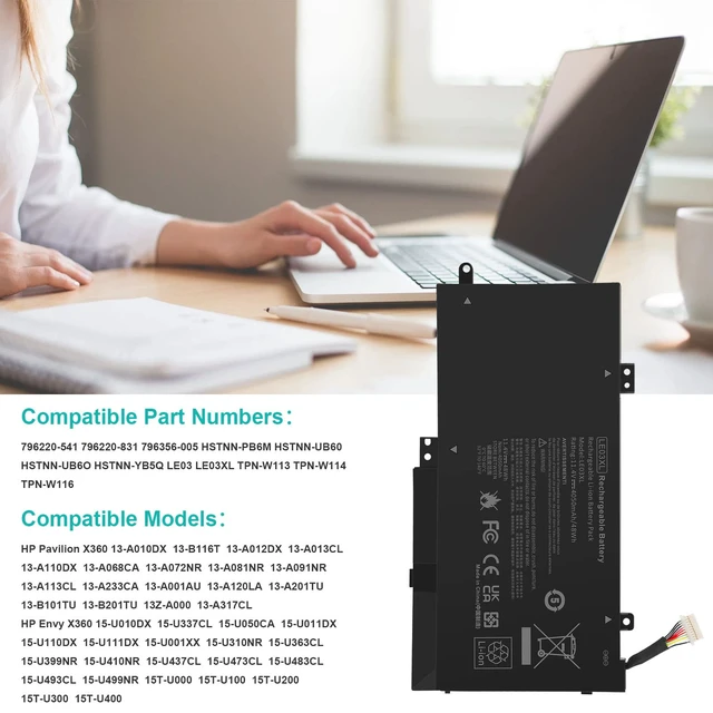 Alt view image 4 of 7 - Spare Battery for HP 13-s054sa (M1M24EA) 13-s056nw (M6R44EA) 13-S099nr (M1W93UA) 15-w110nr 796220-541 796220-831 796356-005 LE03 LE03XL TPN-W116