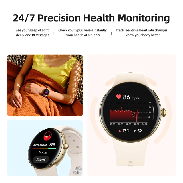 Alt view image 5 of 7 - AMOLED Smart Watch for Women, Answer/Make Call Fitness Tracker Always-On Display, 2 Quick-Release Bands, Heart Rate Sleep Activity Monitor, 120+ Sport Modes for iOS Android, Champagne Gold