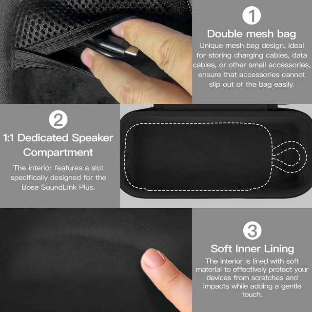 Alt view image 4 of 7 - for Bose SoundLink Plus Portable Speaker Hard Protective Case, Black Detachable Shoulder Strap, Reinforced Hand Strap, Easy Carrying, Dual Mesh Pockets, Cable Organization