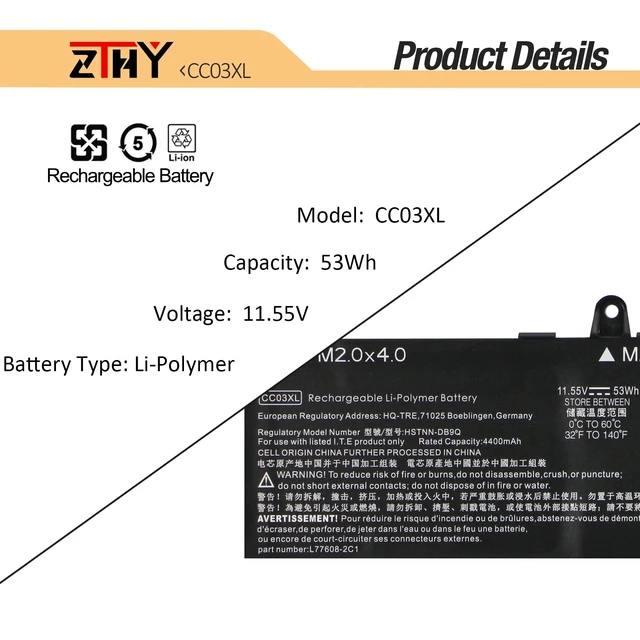 Alt view image 3 of 7 - 53Wh CC03XL Battery for HP EliteBook 830 835 840 845 G7 G8 Probook 635 Aero G7 G8 ZBook Firefly 14 G7 G8 Laptop Battery Replacement L77608-2C1 L77608-421 L78555-005 CC03053XL 11.55V 3-Cell