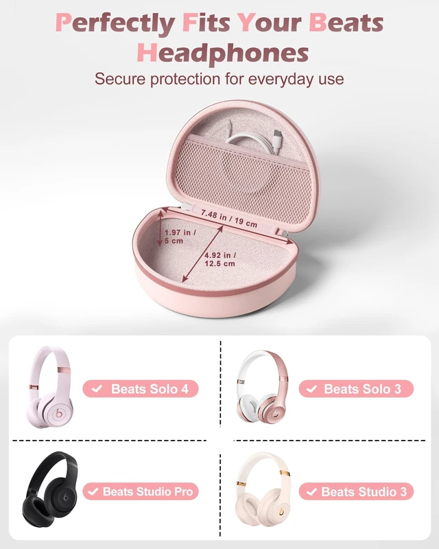 Alt view image 2 of 7 - Hard Case for Beats Solo 4/Solo 3 & Studio Pro/Studio 3 -Cloud Pink EVA Shockproof Hard Shell, Mesh Pocket for Cables, Portable Travel Storage Bag with Hand Strap, Lightweight Carrying Case